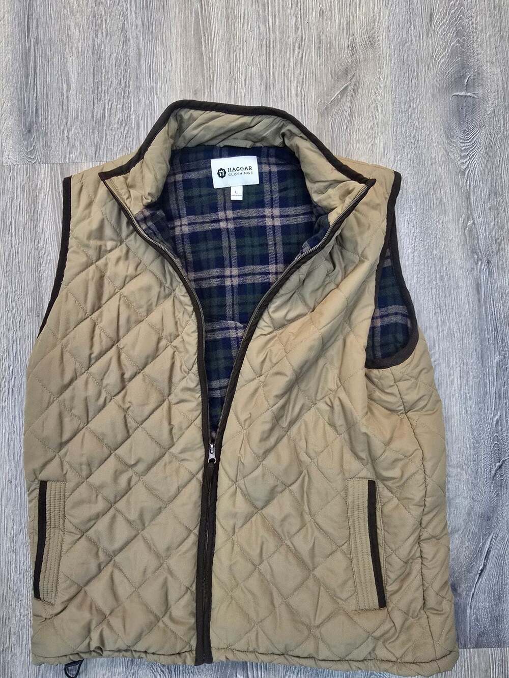 Haggar Clothing Co. Tan Quilted Puffer Vest with Plaid Lining